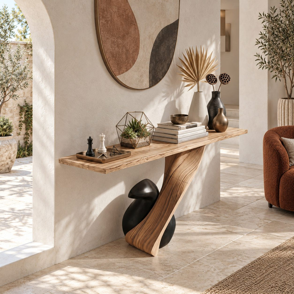 Sculptural Solid Wood Console Table With Twisted Pedestal Base For Entryway