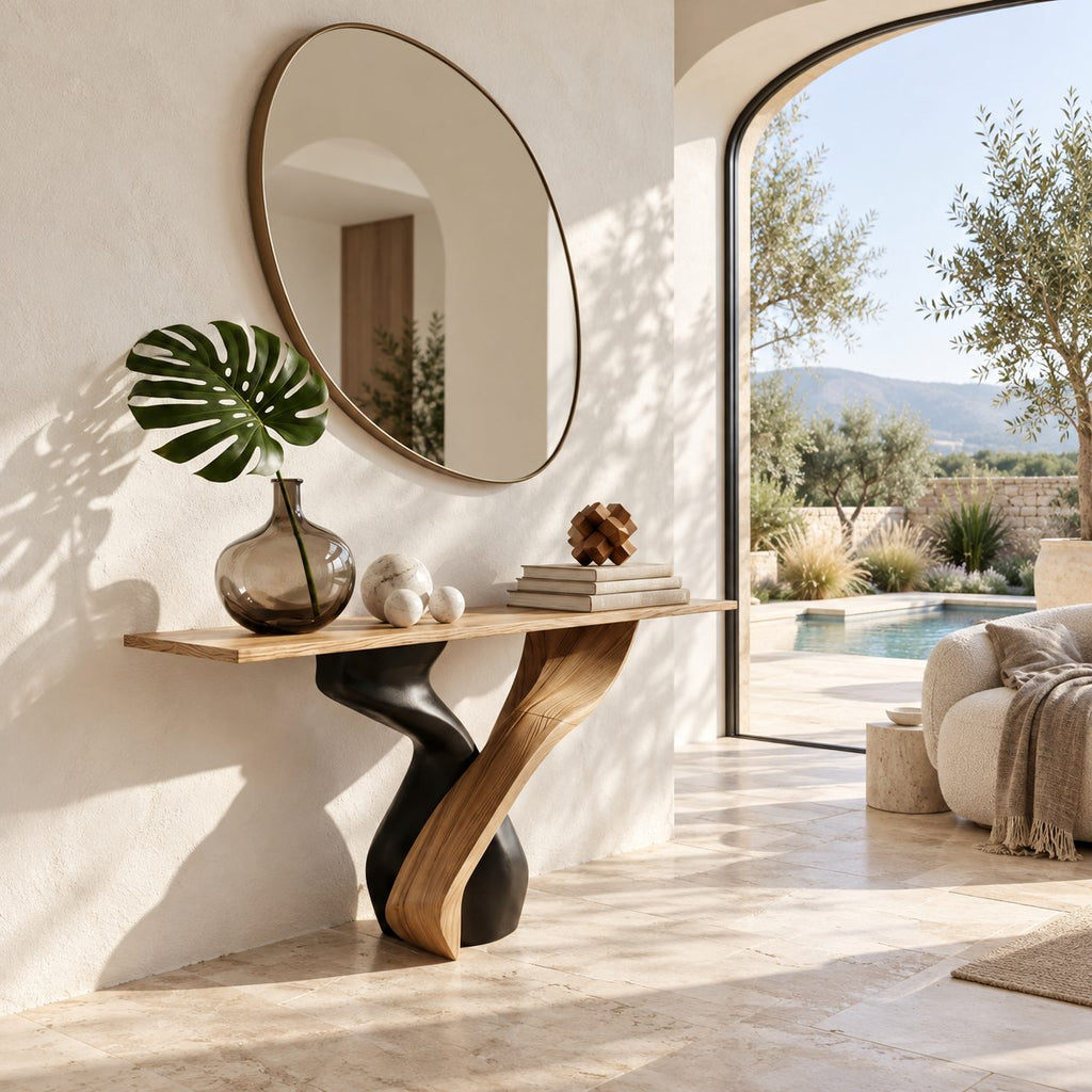 Sculptural Solid Wood Console Table With Twisted Pedestal Base For Entryway