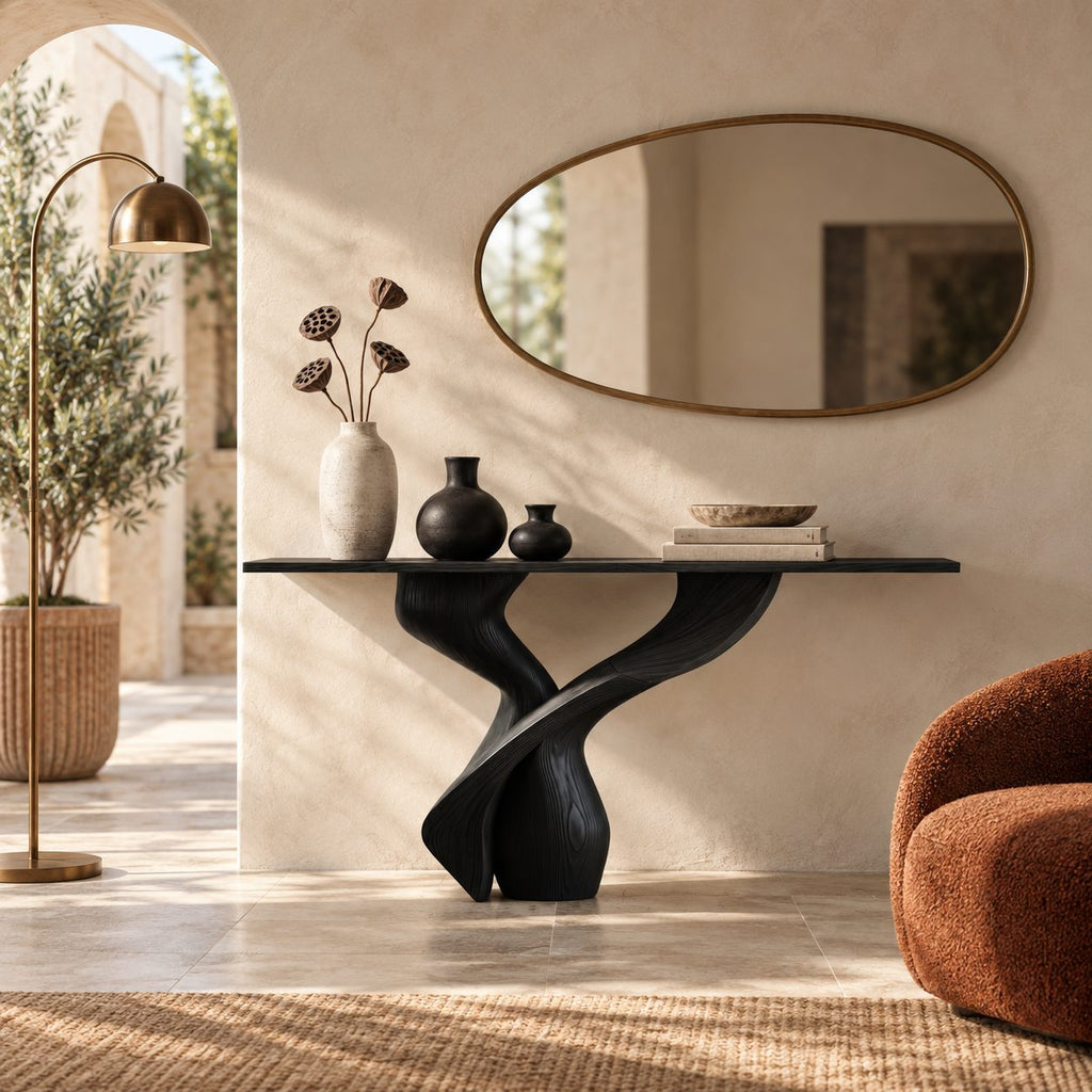 Sculptural Solid Wood Console Table With Twisted Pedestal Base For Entryway