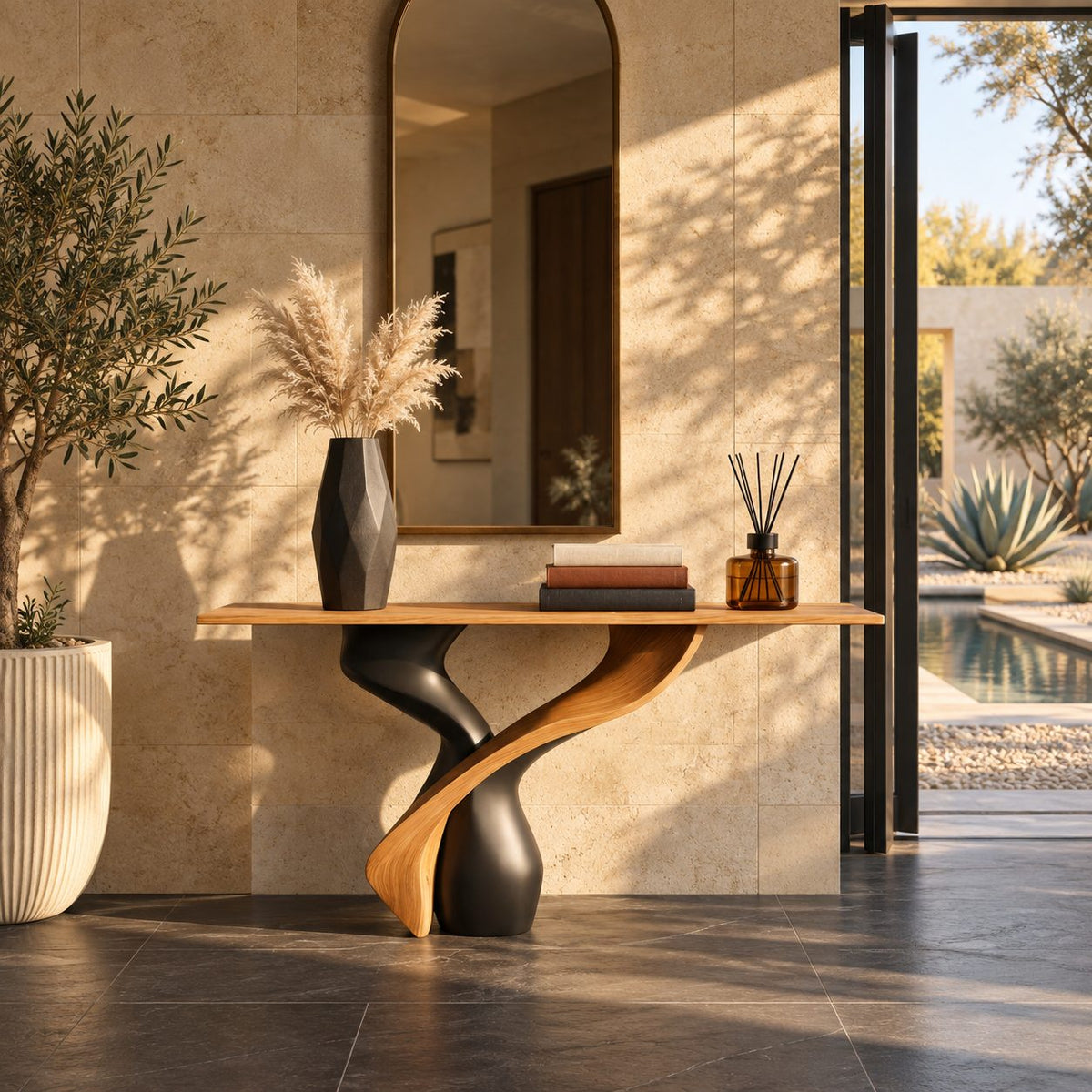Sculptural Solid Wood Console Table With Twisted Pedestal Base For Entryway