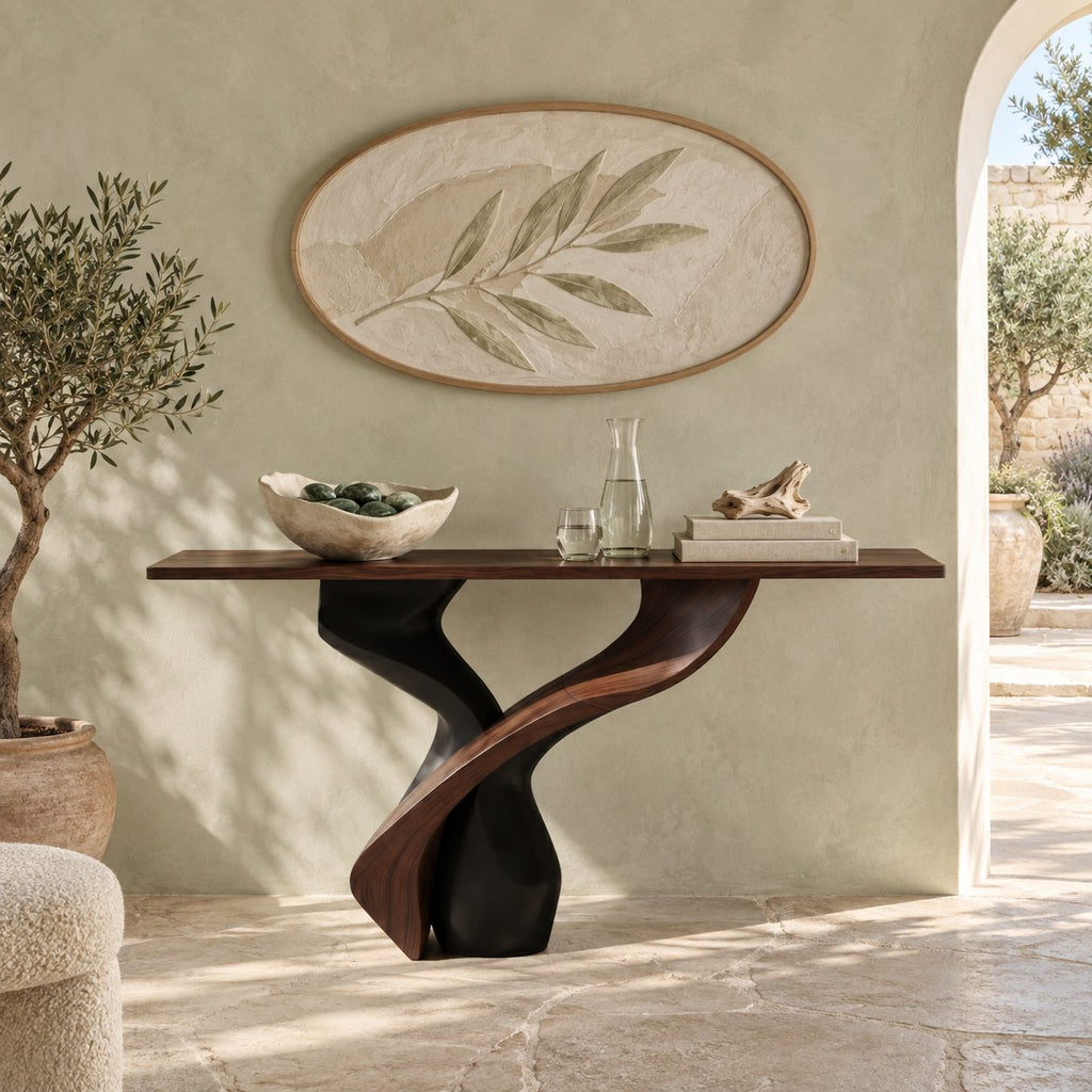 Sculptural Solid Wood Console Table With Twisted Pedestal Base For Entryway