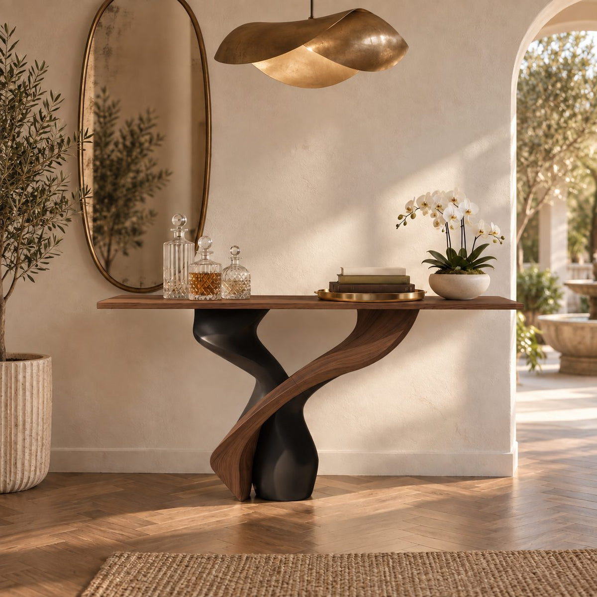 Sculptural Solid Wood Console Table With Twisted Pedestal Base For Entryway