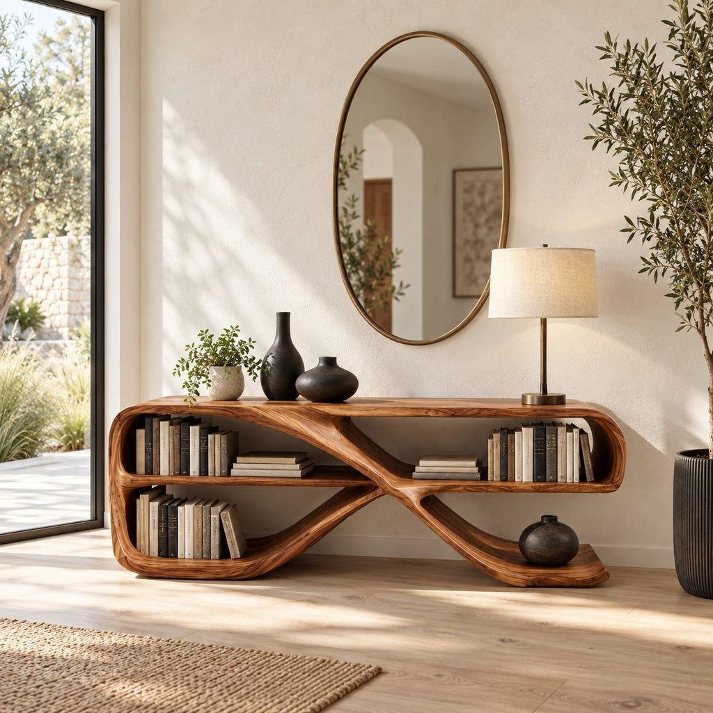Modern Curved Console Table With Open Bookshelves For Living Room
