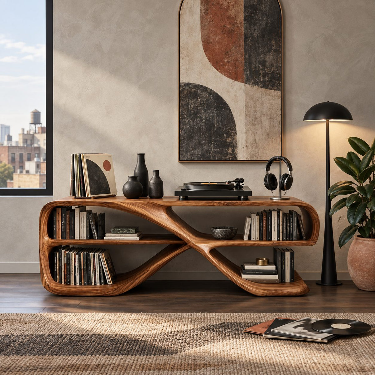 Modern Curved Console Table With Open Bookshelves For Living Room