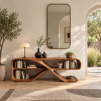 Modern Curved Console Table With Open Bookshelves For Living Room