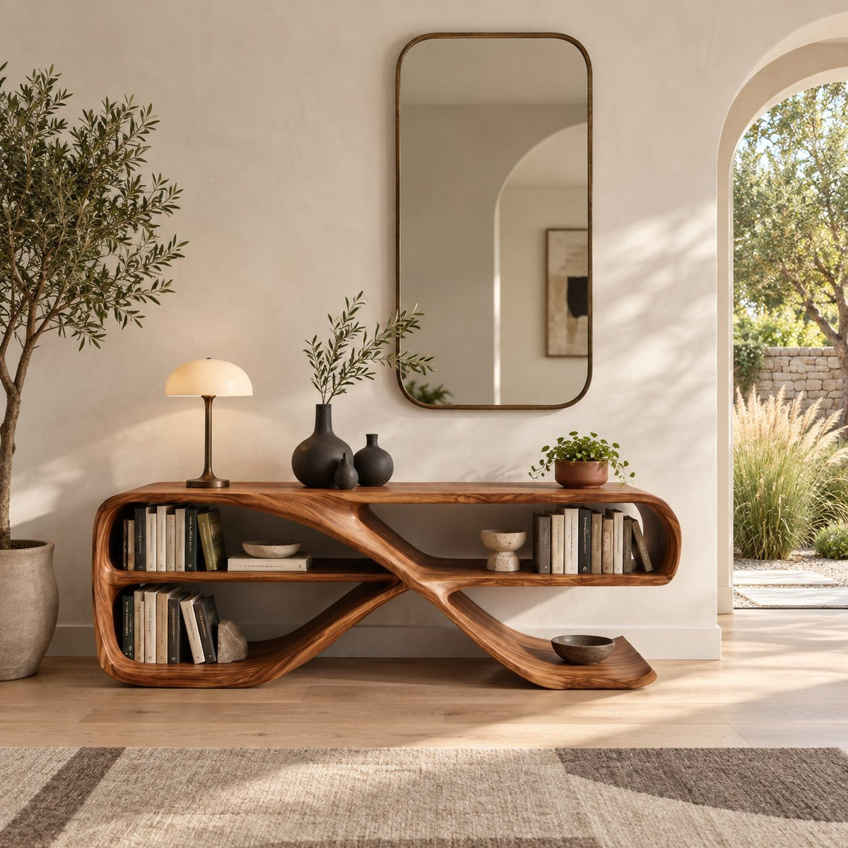 Modern Curved Console Table With Open Bookshelves For Living Room