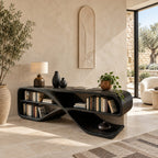 Modern Curved Console Table With Open Bookshelves For Living Room