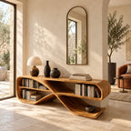 Modern Curved Console Table With Open Bookshelves For Living Room