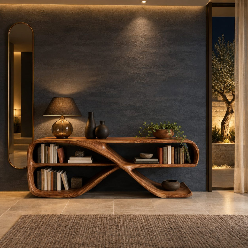 Modern Curved Console Table With Open Bookshelves For Living Room