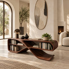 Modern Curved Console Table With Open Bookshelves For Living Room