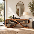 Modern Curved Console Table With Open Bookshelves For Living Room