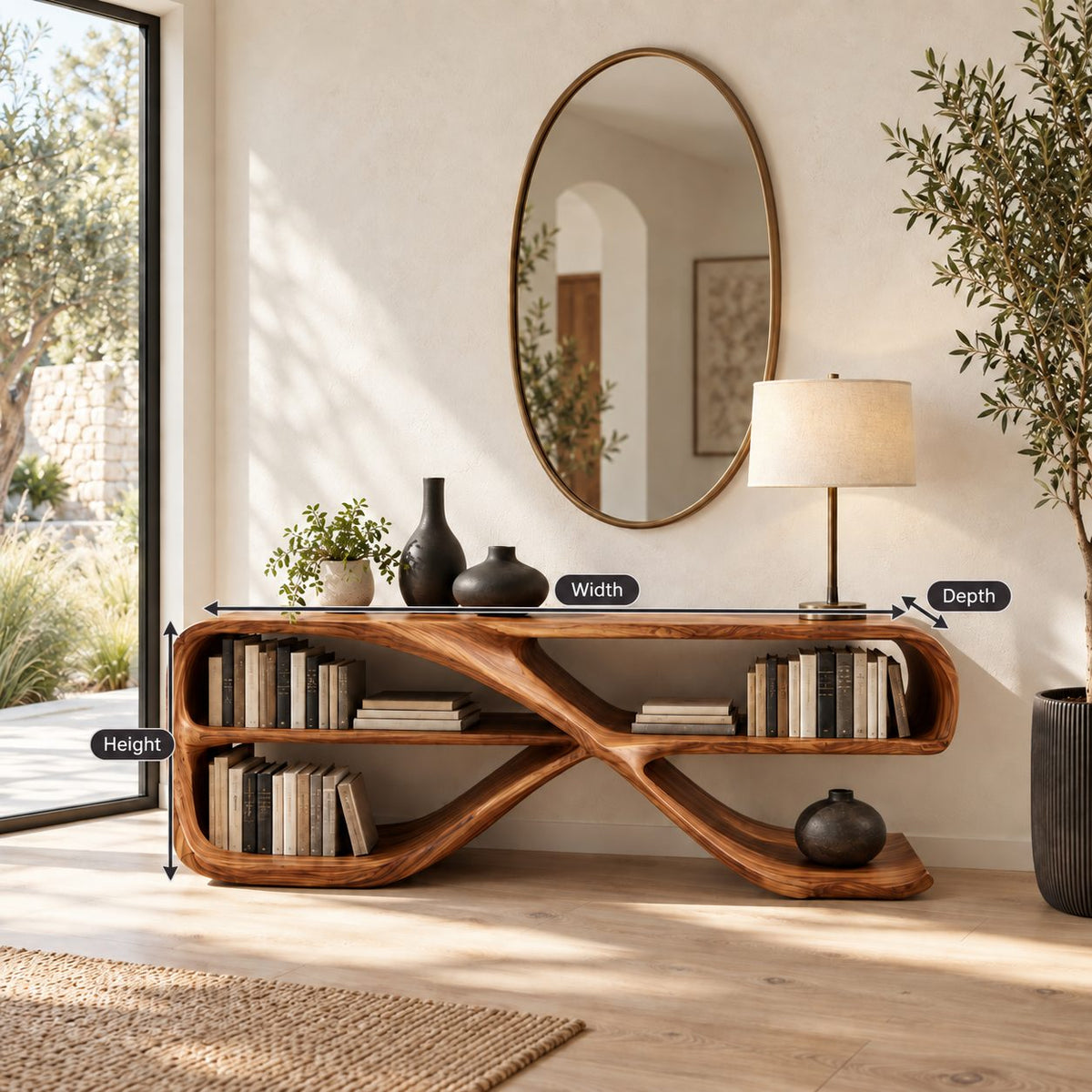 Modern Curved Console Table With Open Bookshelves For Living Room