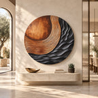 Contemporary Round 3D Wood Wall Art With Carved Wave Ridges For Bedroom