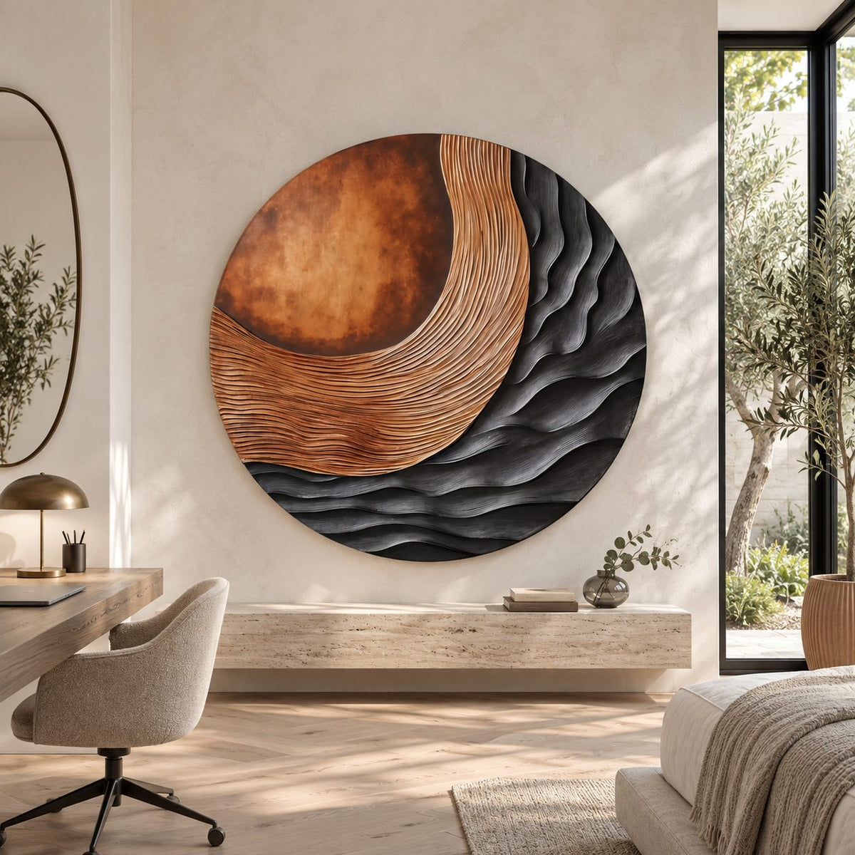 Contemporary Round 3D Wood Wall Art With Carved Wave Ridges For Bedroom