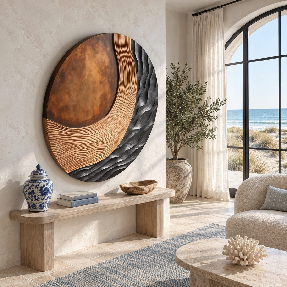 Contemporary Round 3D Wood Wall Art With Carved Wave Ridges For Bedroom