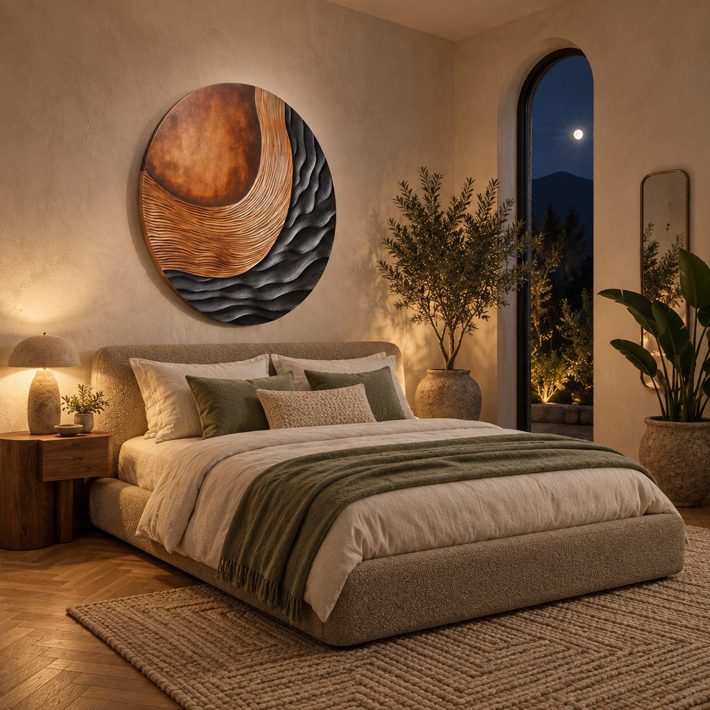 Contemporary Round 3D Wood Wall Art With Carved Wave Ridges For Bedroom