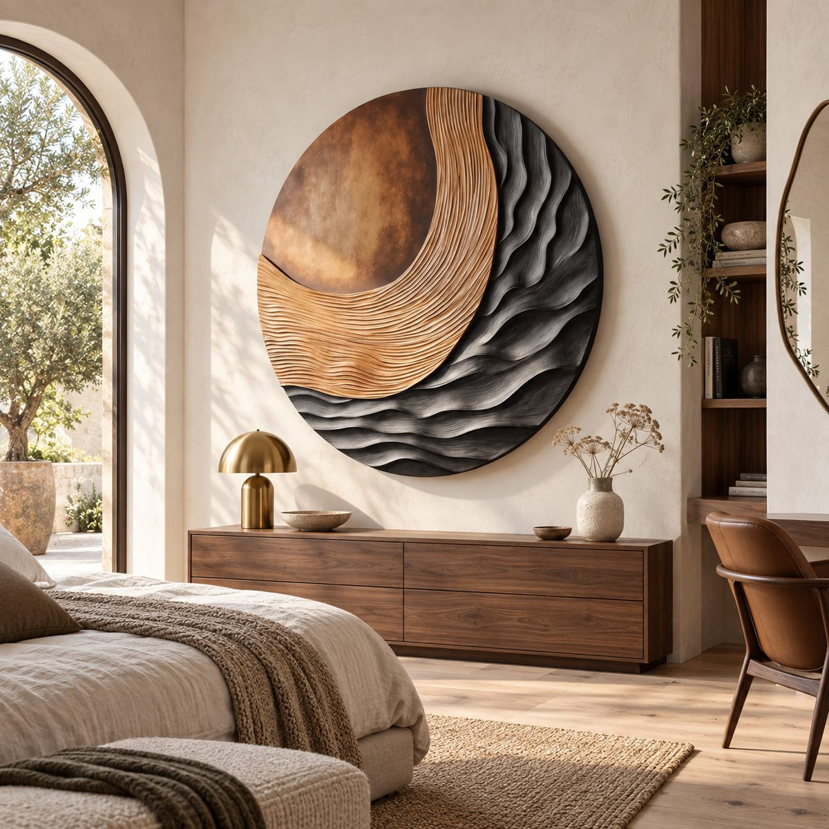 Contemporary Round 3D Wood Wall Art With Carved Wave Ridges For Bedroom