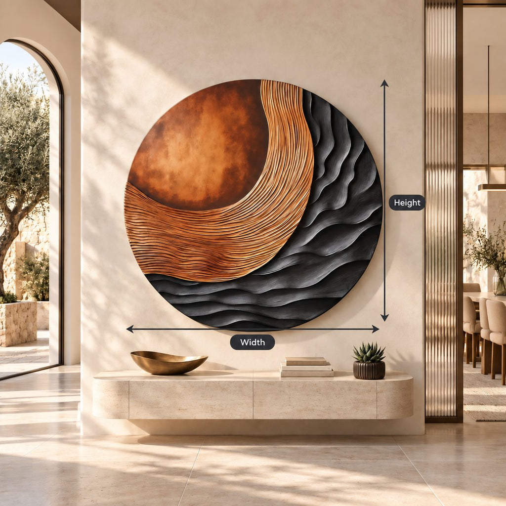 Contemporary Round 3D Wood Wall Art With Carved Wave Ridges For Bedroom