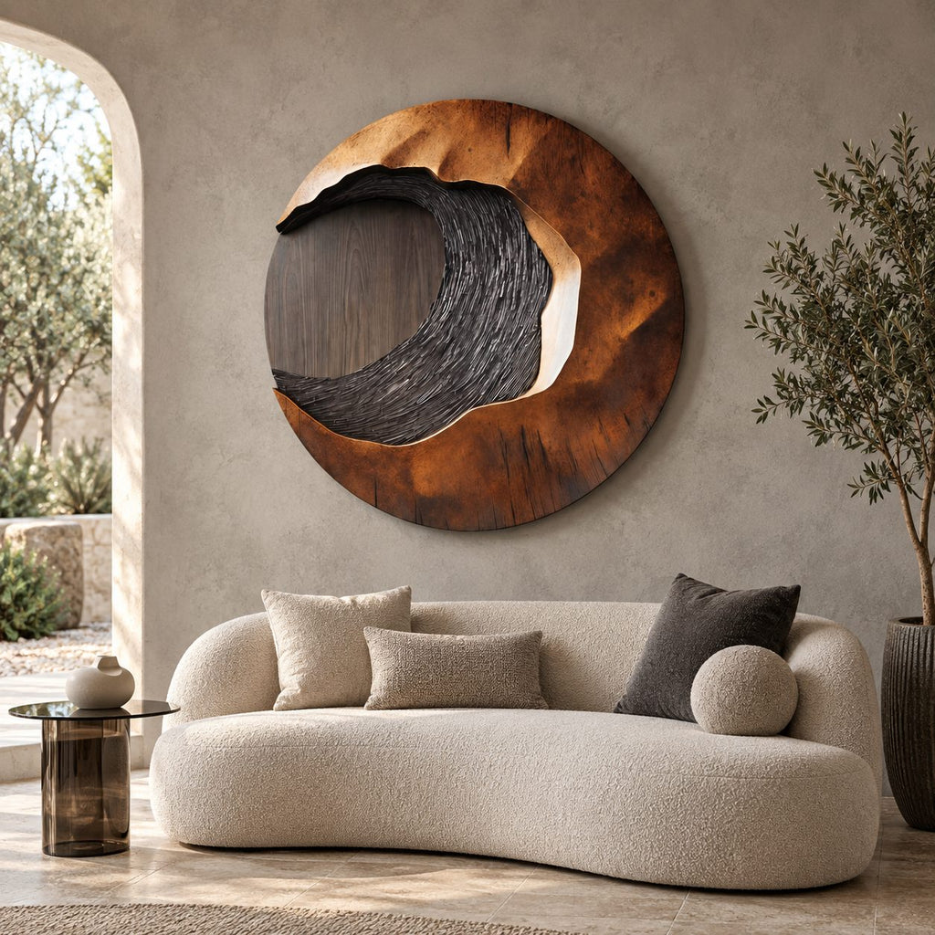 Rustic Round Wood Wall Sculpture With Textured Wave Center For Entryway