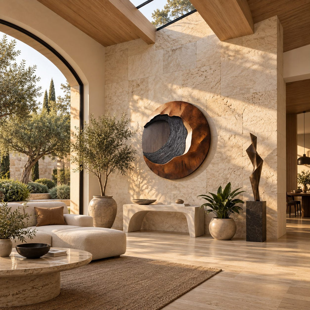 Rustic Round Wood Wall Sculpture With Textured Wave Center For Entryway