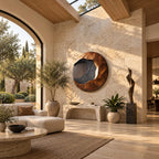 Rustic Round Wood Wall Sculpture With Textured Wave Center For Entryway