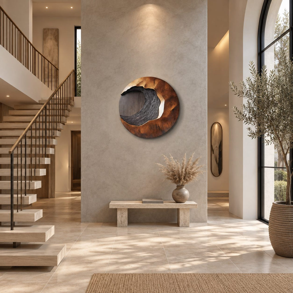 Rustic Round Wood Wall Sculpture With Textured Wave Center For Entryway