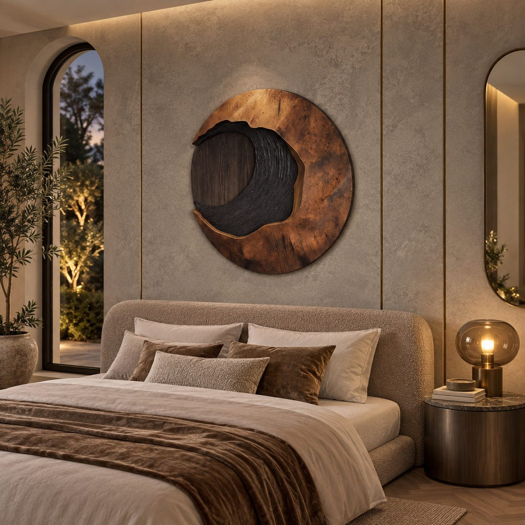 Rustic Round Wood Wall Sculpture With Textured Wave Center For Entryway