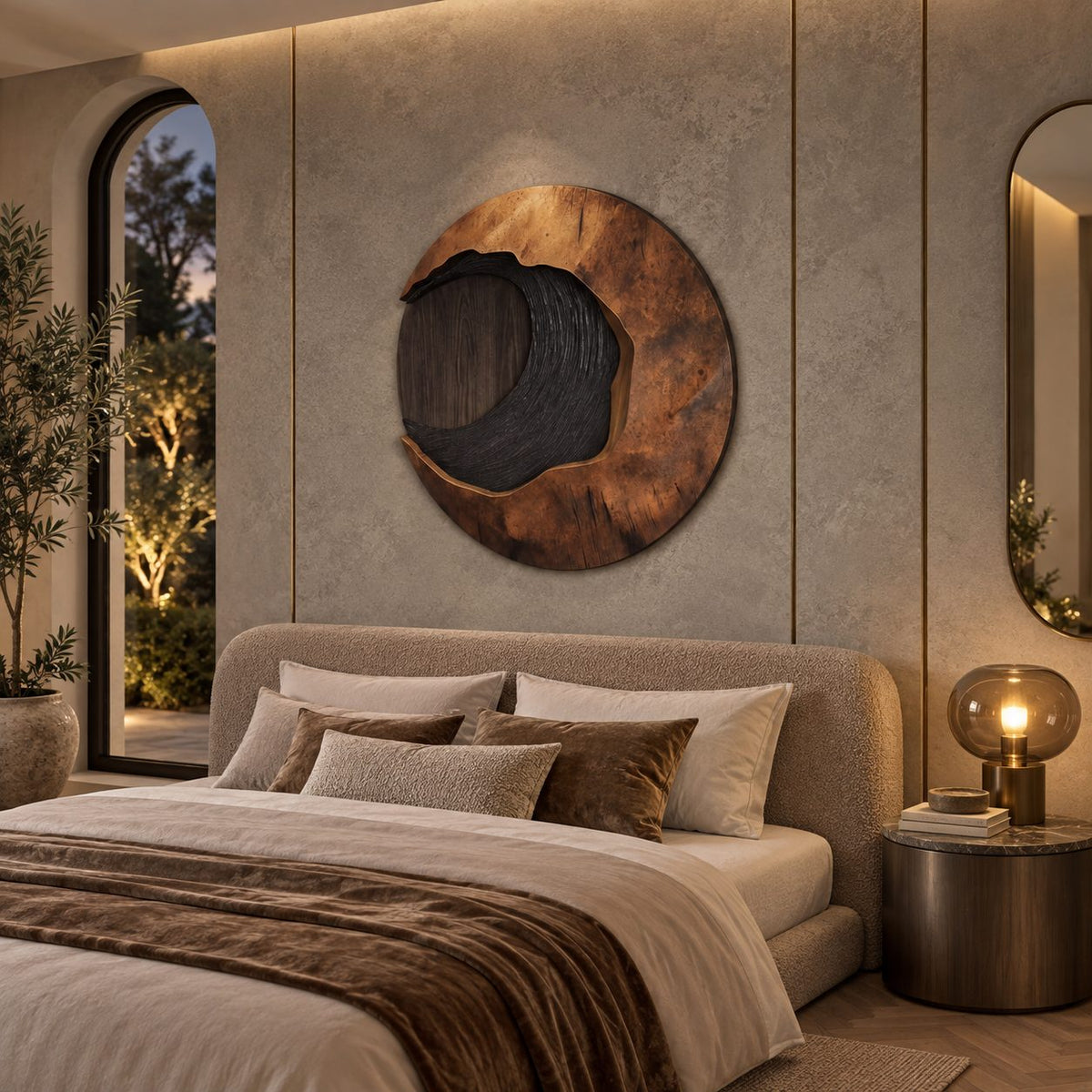Rustic Round Wood Wall Sculpture With Textured Wave Center For Entryway