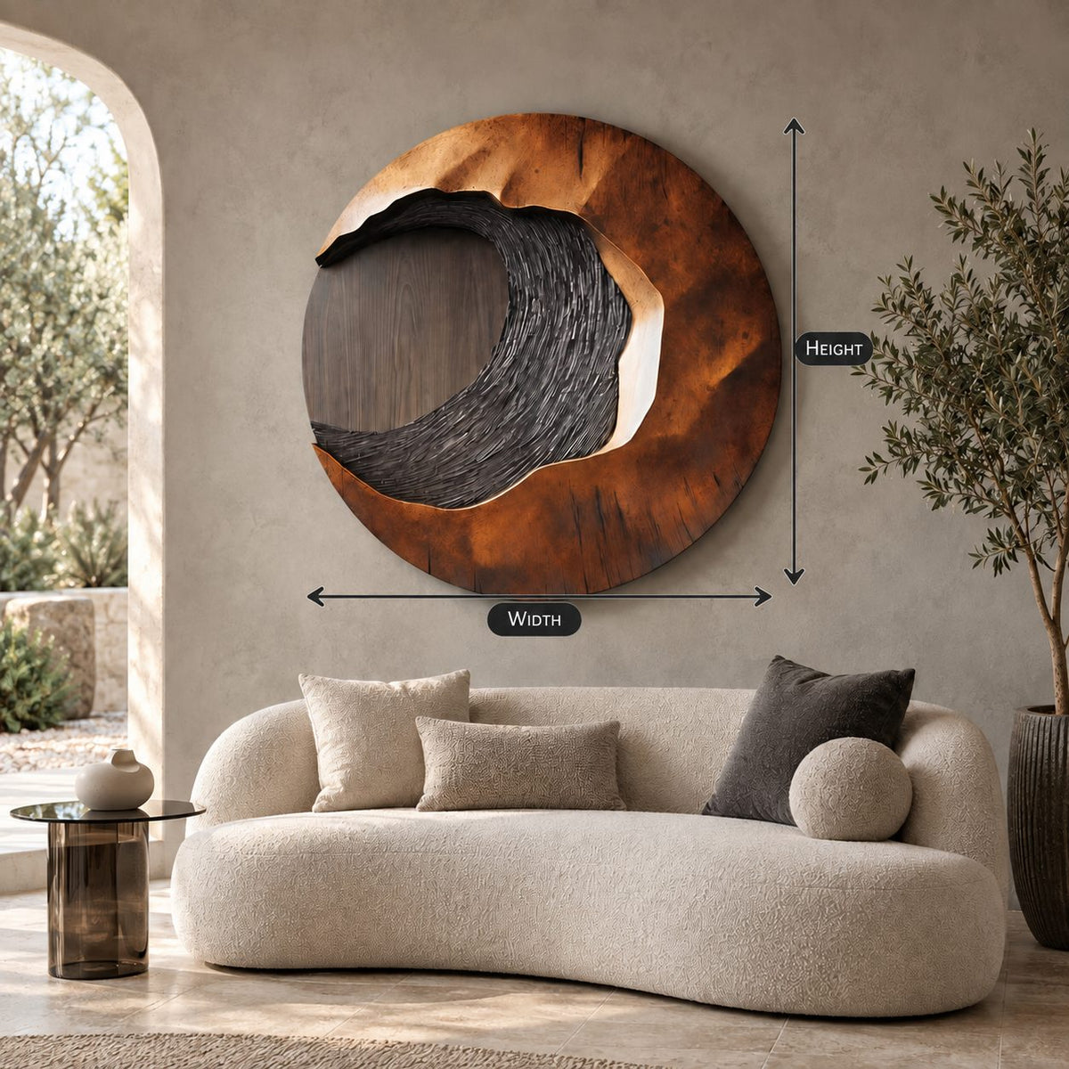 Rustic Round Wood Wall Sculpture With Textured Wave Center For Entryway