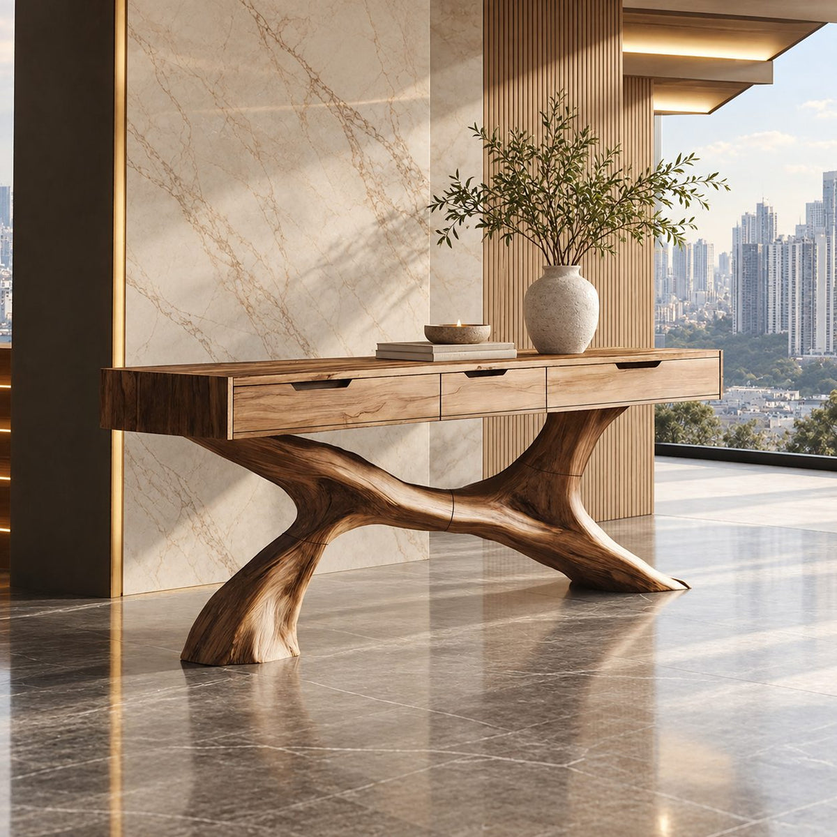 Sculptural Tree Root Console Table With 3 Drawers For Entryway
