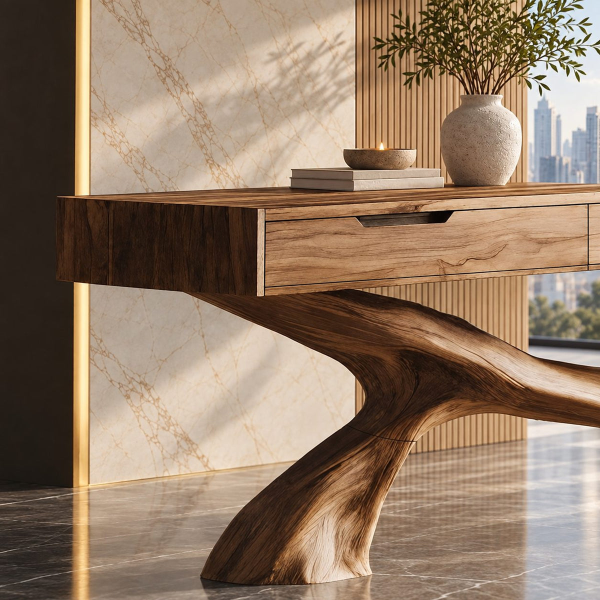 Sculptural Tree Root Console Table With 3 Drawers For Entryway
