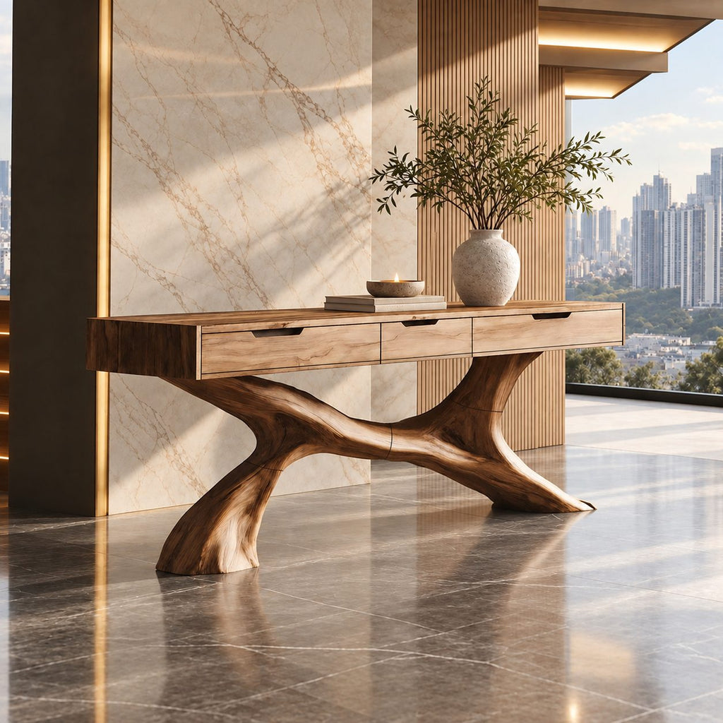 Sculptural Tree Root Console Table With 3 Drawers For Entryway