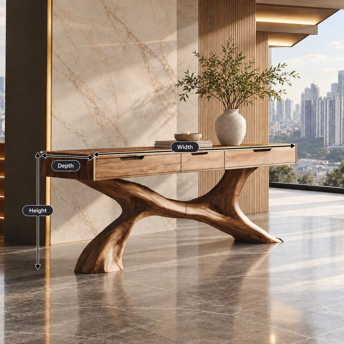 Sculptural Tree Root Console Table With 3 Drawers For Entryway