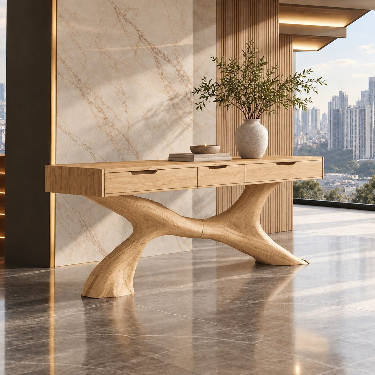 Sculptural Tree Root Console Table With 3 Drawers For Entryway