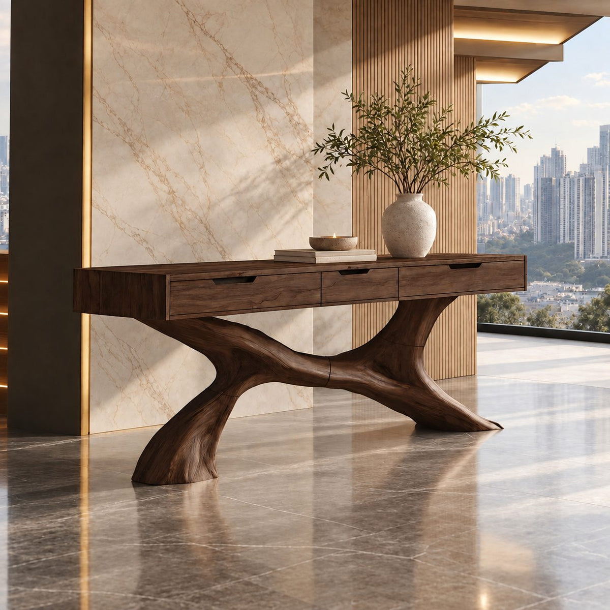 Sculptural Tree Root Console Table With 3 Drawers For Entryway