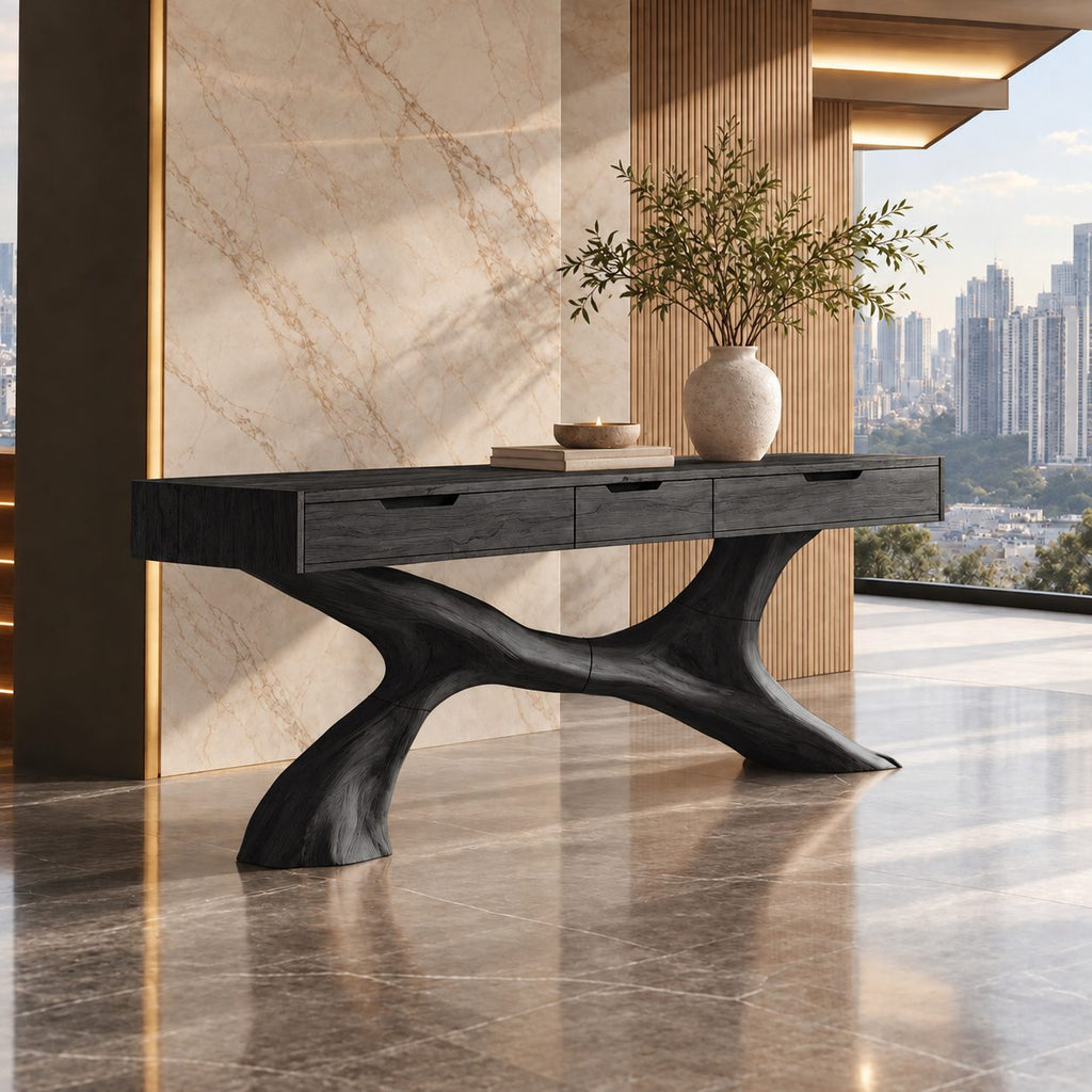 Sculptural Tree Root Console Table With 3 Drawers For Entryway