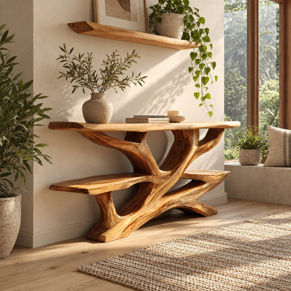 Rustic Live Edge Branch Console Table With Display Shelf For Entryway
