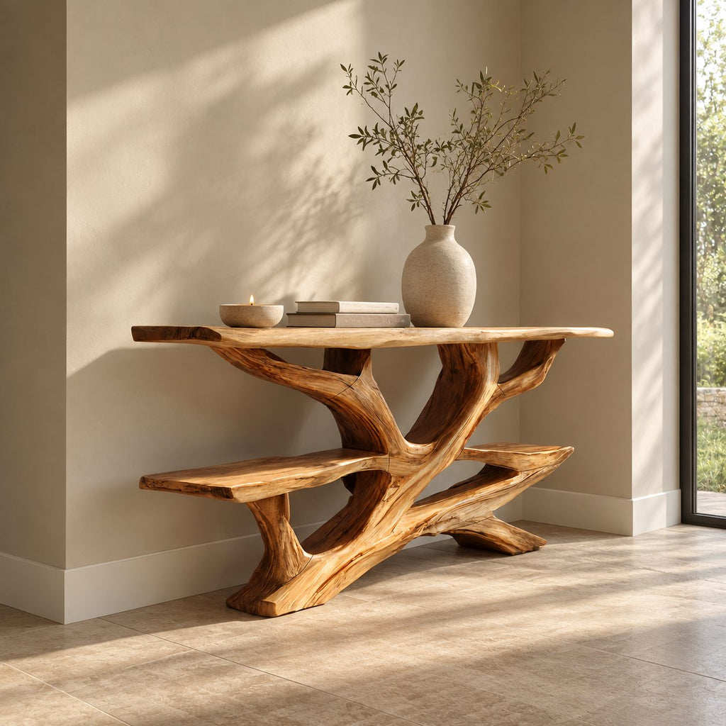 Rustic Live Edge Branch Console Table With Display Shelf For Entryway