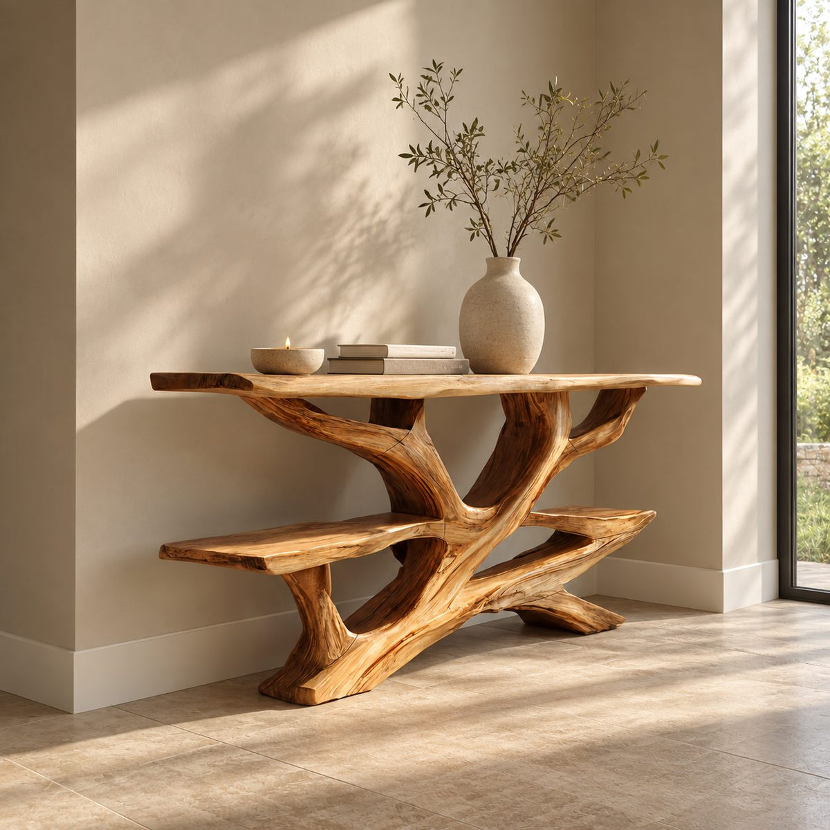 Rustic Live Edge Branch Console Table With Display Shelf For Entryway