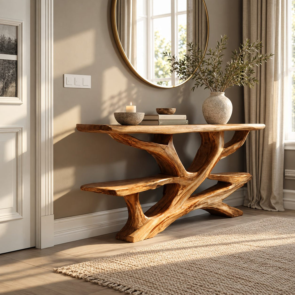 Rustic Live Edge Branch Console Table With Display Shelf For Entryway