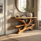 Rustic Live Edge Branch Console Table With Display Shelf For Entryway
