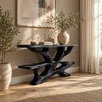 Rustic Live Edge Branch Console Table With Display Shelf For Entryway