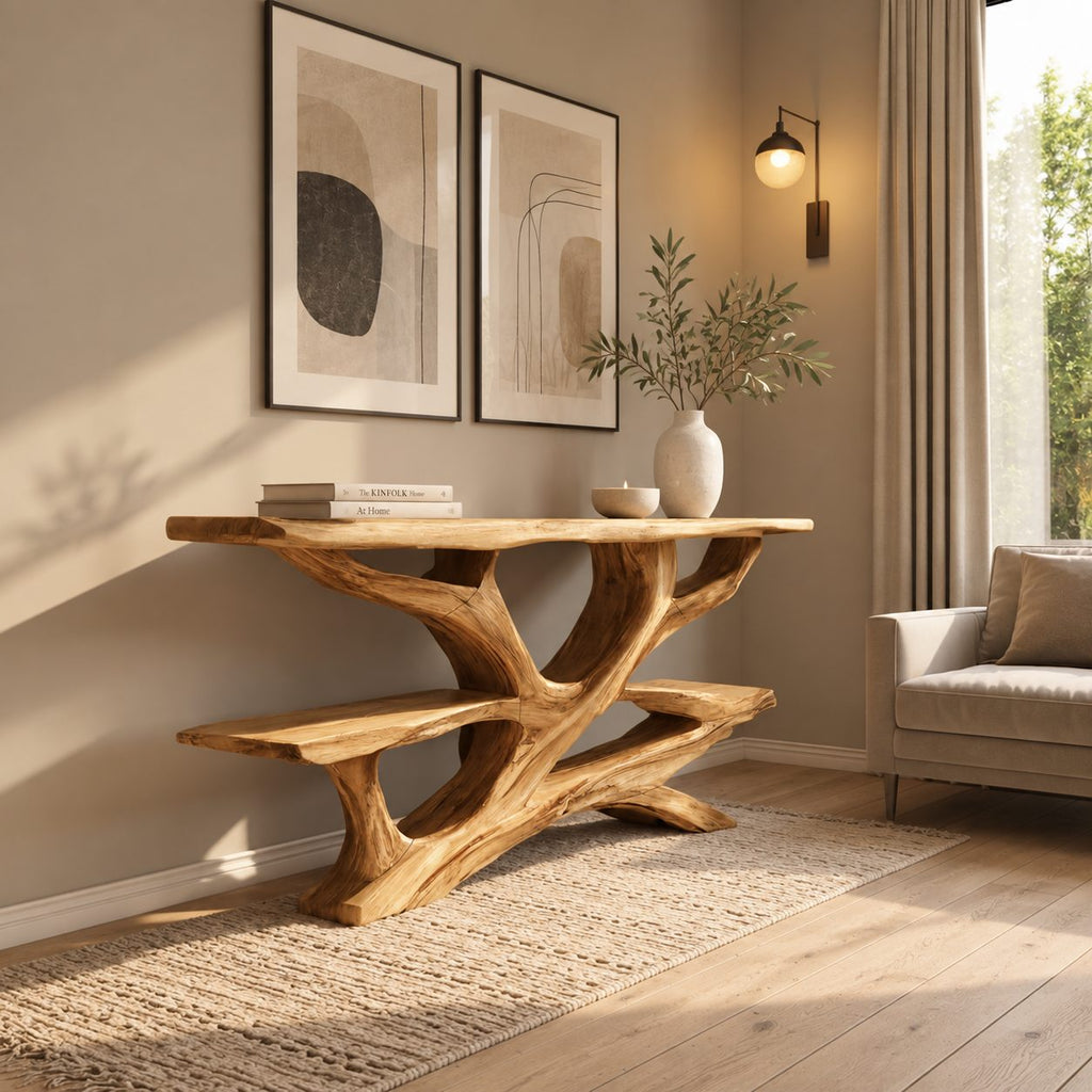 Rustic Live Edge Branch Console Table With Display Shelf For Entryway