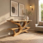 Rustic Live Edge Branch Console Table With Display Shelf For Entryway