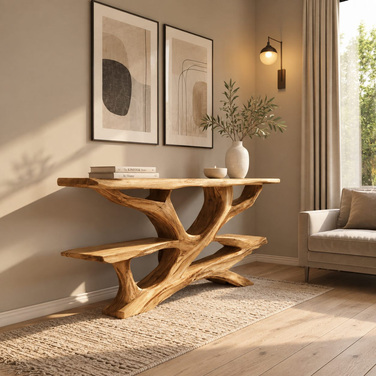 Rustic Live Edge Branch Console Table With Display Shelf For Entryway