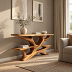 Rustic Live Edge Branch Console Table With Display Shelf For Entryway