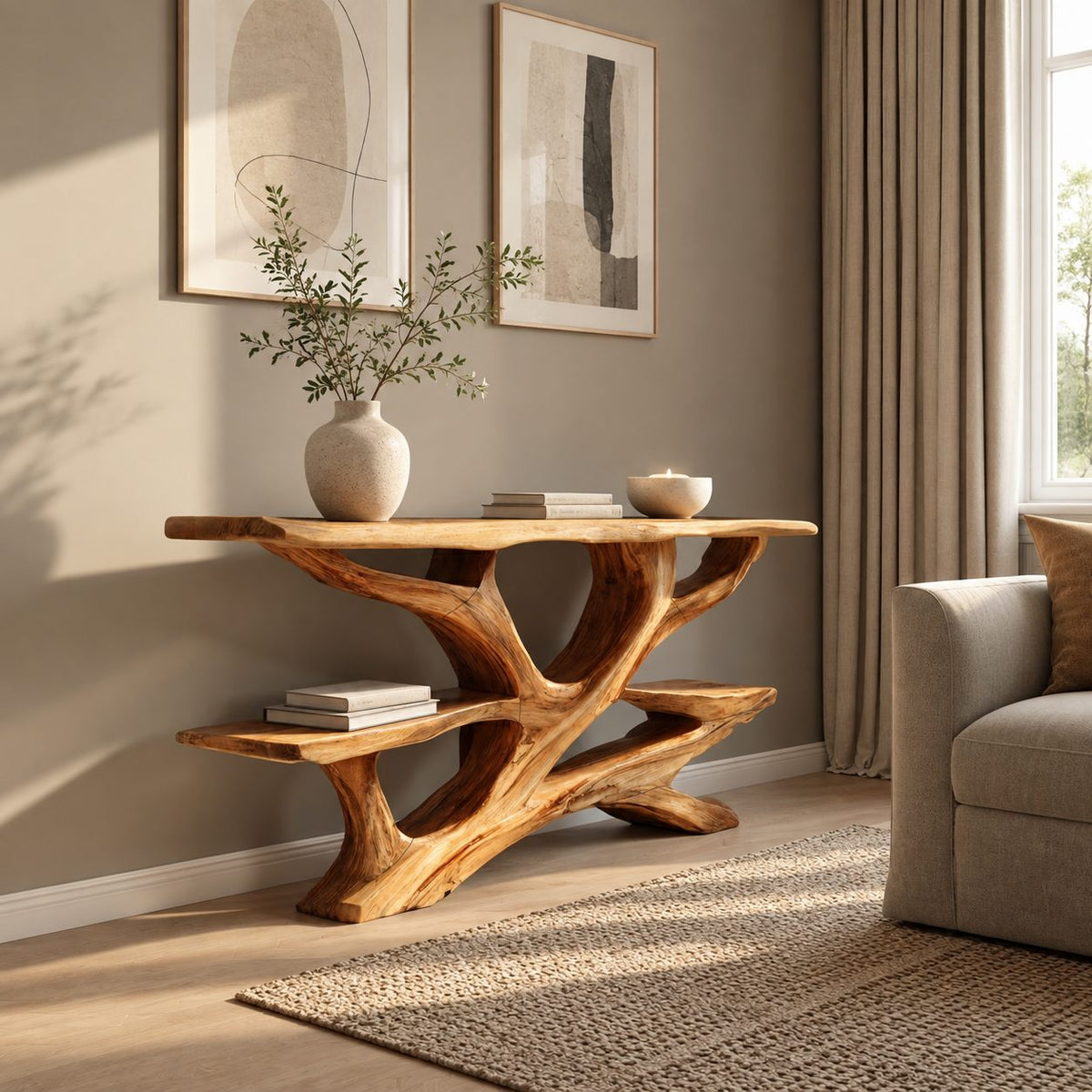 Rustic Live Edge Branch Console Table With Display Shelf For Entryway