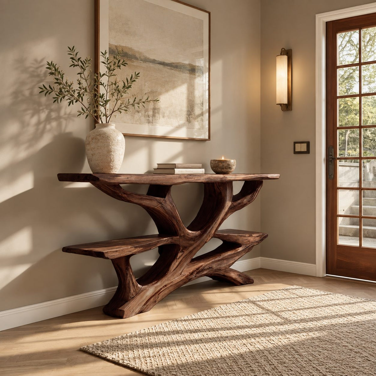 Rustic Live Edge Branch Console Table With Display Shelf For Entryway