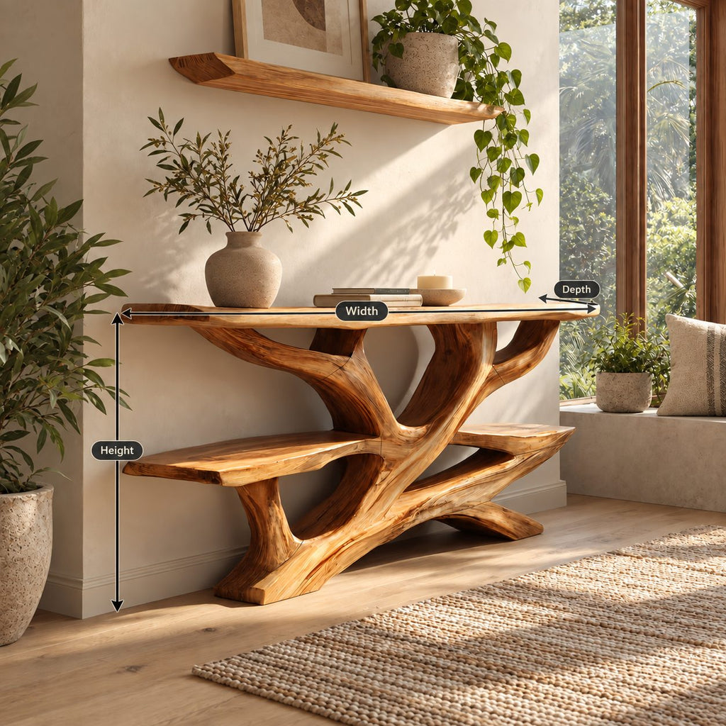 Rustic Live Edge Branch Console Table With Display Shelf For Entryway