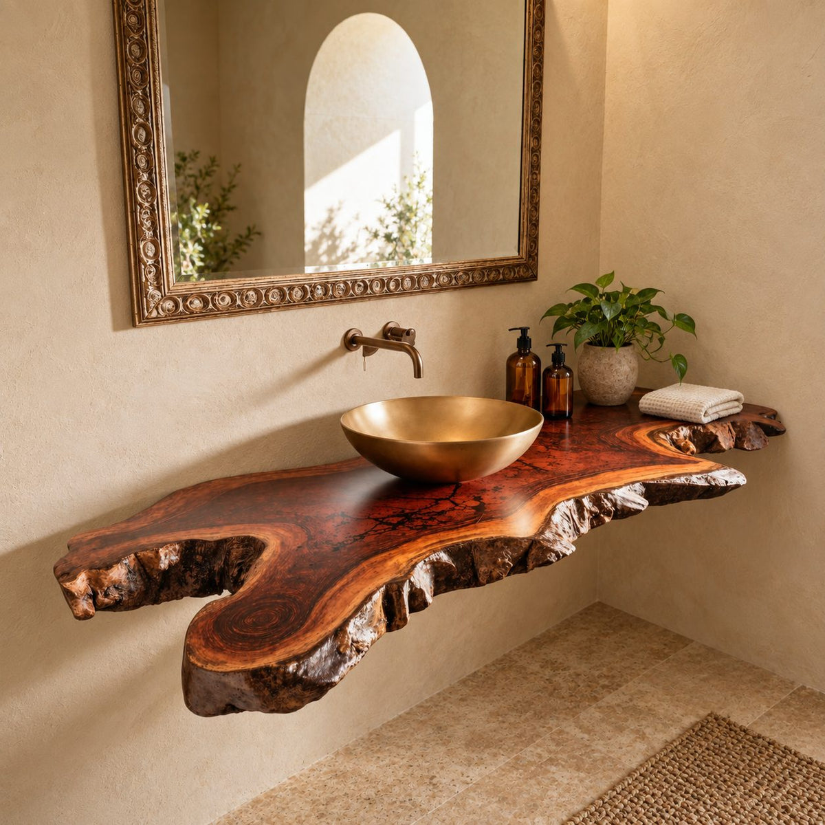 Organic Live Edge Floating Bathroom Vanity Top With Natural Burl Edge